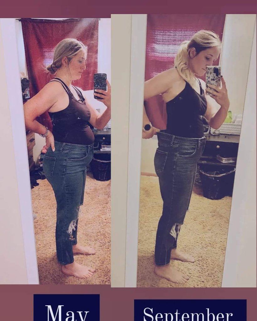 woman in mirror before and after Tranont products