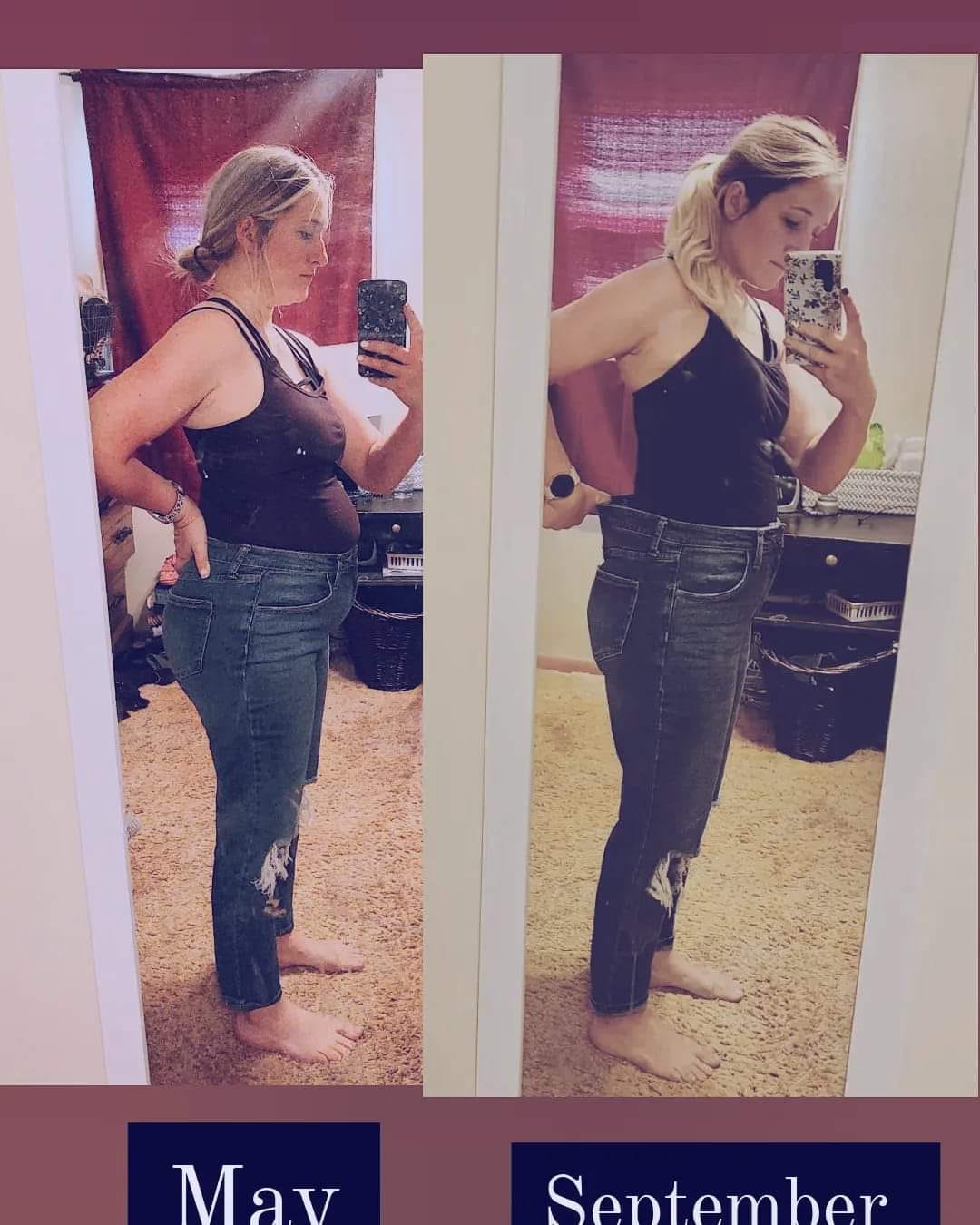 woman in mirror before and after Tranont products