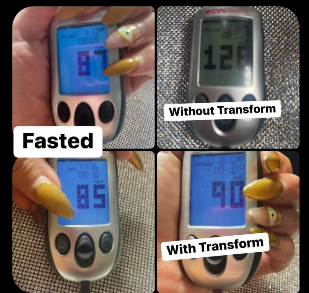 Glucose monitor showing blood sugar before Transform and blood sugar after