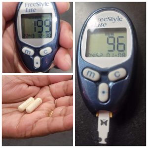 Glucose monitor showing blood sugar before Transform and blood sugar after