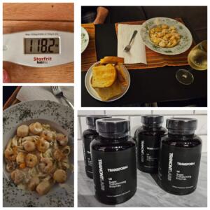 photo of a really large carby meal, bottles of Transform and a scale showing 118.2