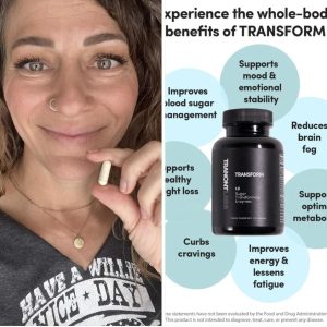 photo of a woman holding up a capsule of Transform